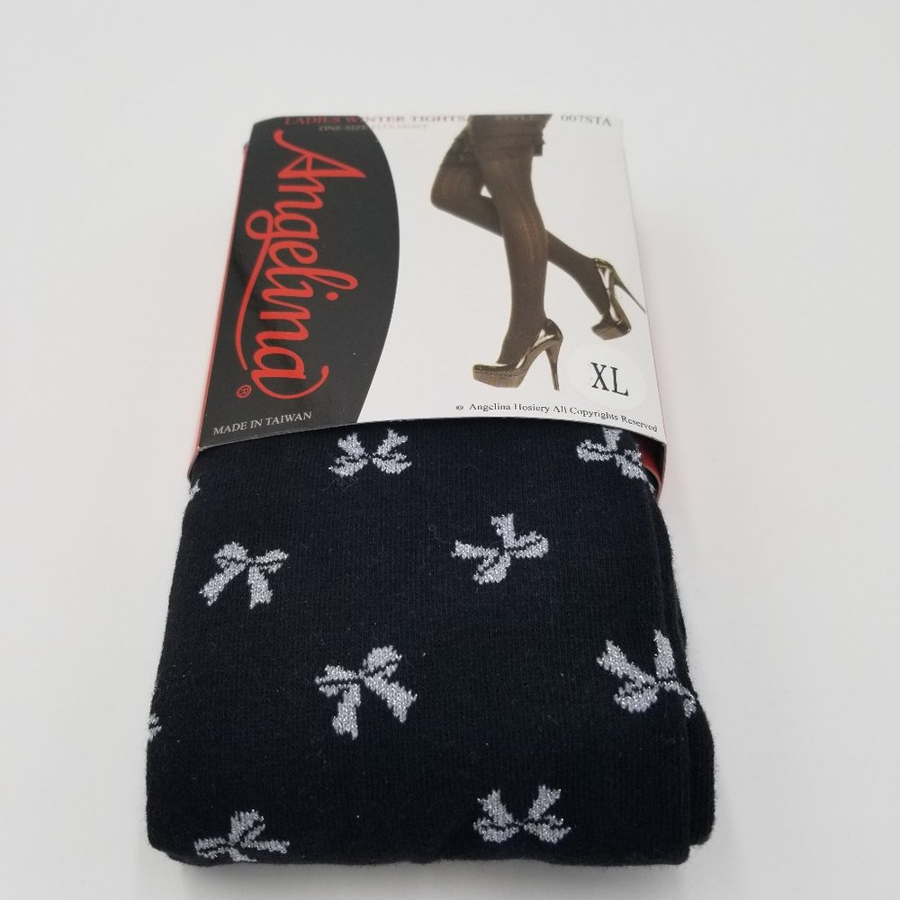 Angelina Ladies Winter Tights Silver Bow XL -Black